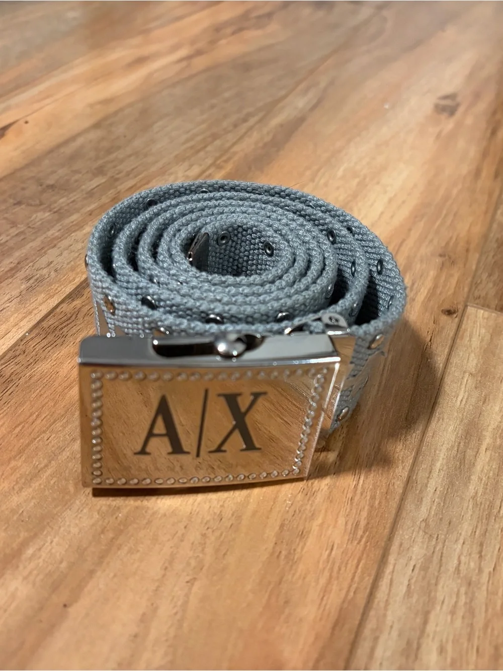 A/X Armani Exchange Gray Logo Web Belt with Silver Buckle